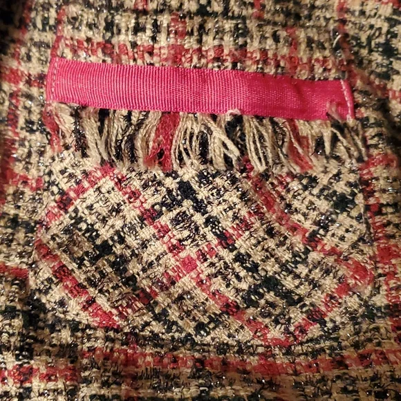 Robert Lewis Womens Large Tan Beige & Red Suit Jacket Silver Glitter Plaid - Picture 6 of 8